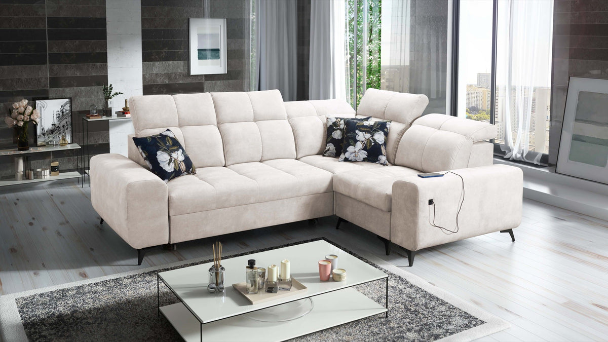 Ascot II corner sofa bed, USB port – right-hand
