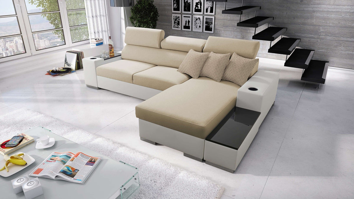 Napoli I Mini corner sofa bed, opening bar – right-hand