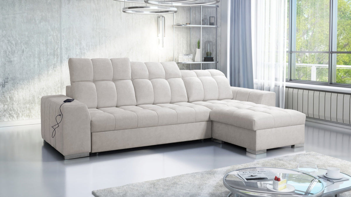 Prisma I corner sofa bed, USB port with storage – right-hand
