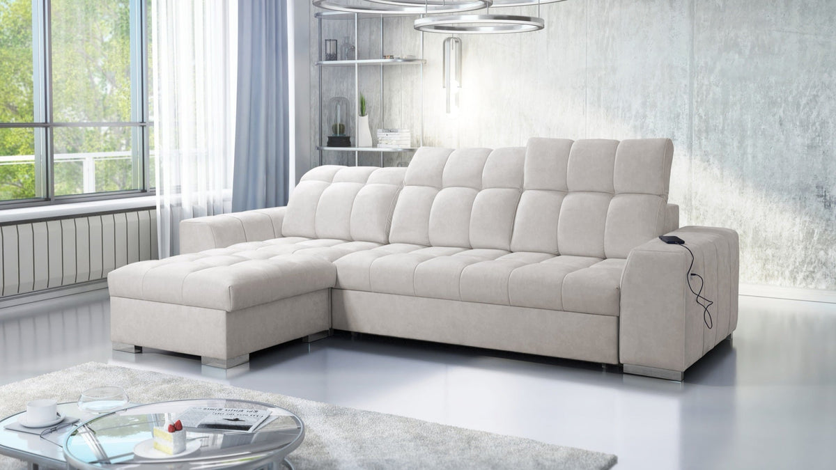 Prisma I corner sofa bed, USB port with storage – left-hand