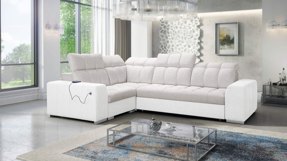 Prisma II corner sofa bed, USB port – eco-leather, left-hand