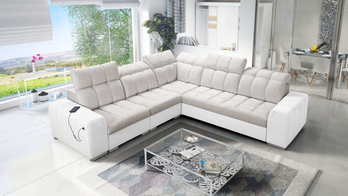 Prisma III corner sofa bed, USB – eco-leather, left-hand