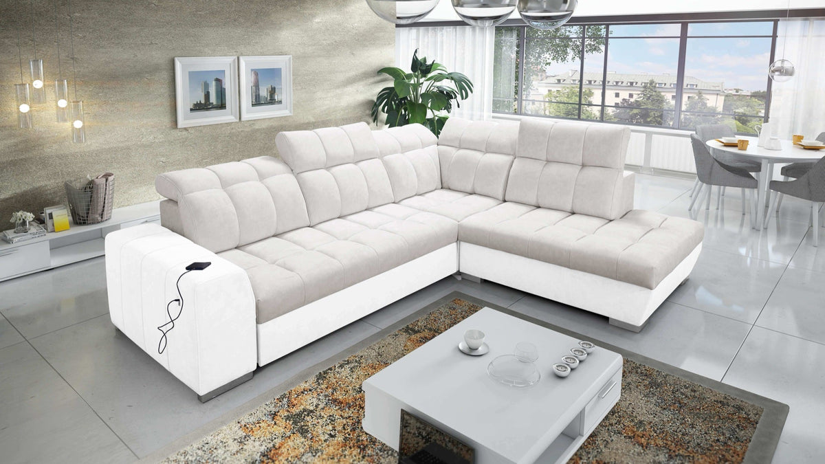 Prisma VII corner sofa bed, USB – eco-leather, right-hand