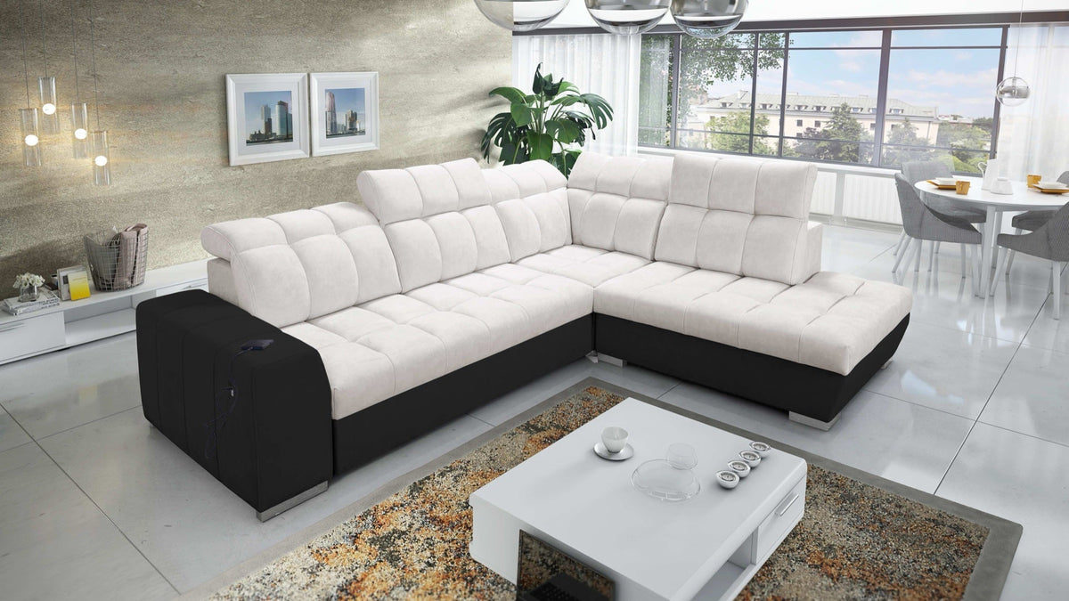 Prisma VII corner sofa bed, USB – eco-leather, right-hand