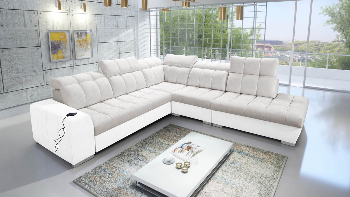 Prisma IX corner sofa bed, USB – eco-leather, right-hand