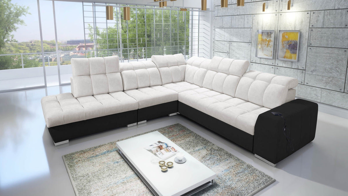Prisma IX corner sofa bed, USB port – eco-leather, left-hand