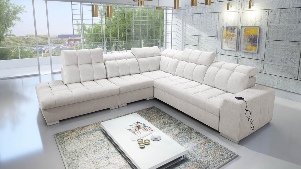 Prisma IX corner sofa bed, USB port with storage – left-hand