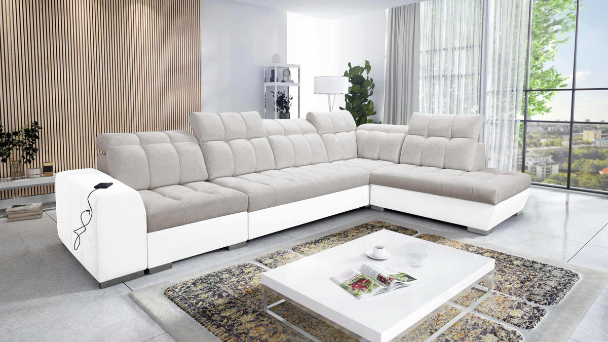 Prisma XI corner sofa bed, USB – eco-leather, right-hand