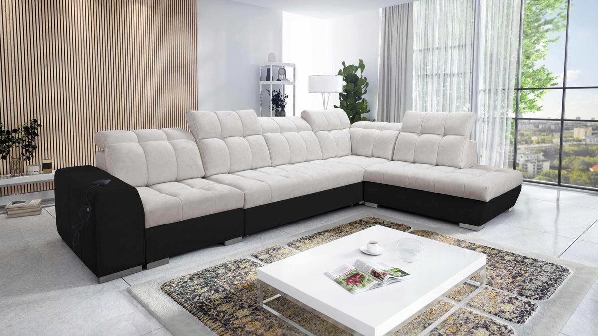 Prisma XI corner sofa bed, USB – eco-leather, right-hand