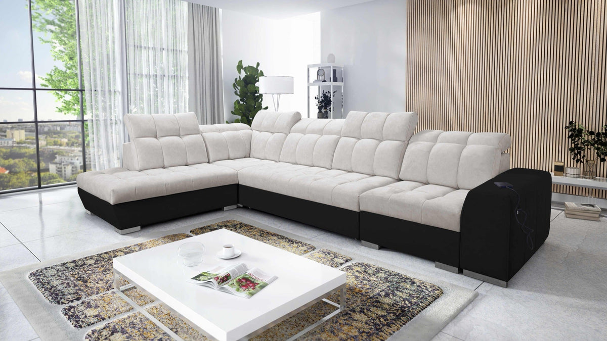 Prisma XI corner sofa bed, USB port – eco-leather, left-hand