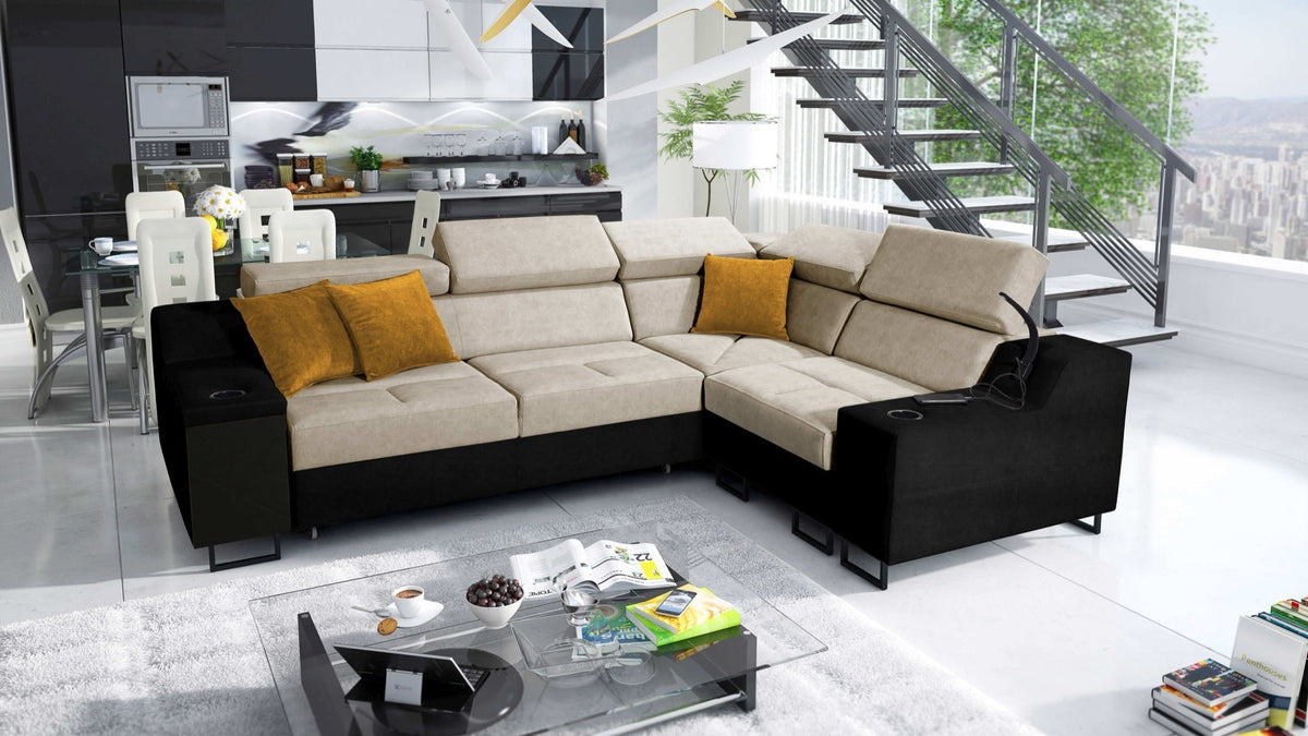 Avanti II corner sofa bed and lamp – eco-leather, right-hand