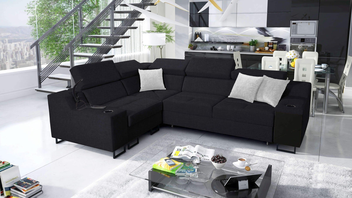 Avanti II corner sofa bed and lamp with USB port – left-hand