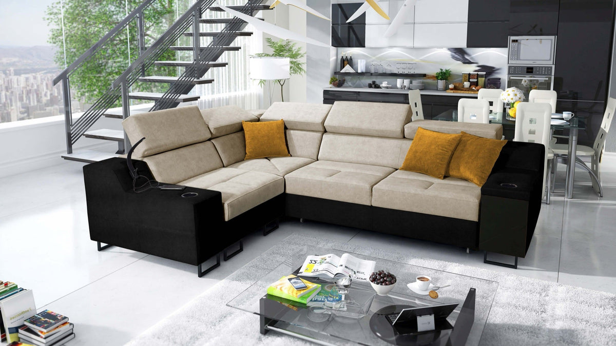 Avanti II corner sofa bed and lamp – eco-leather, left-hand