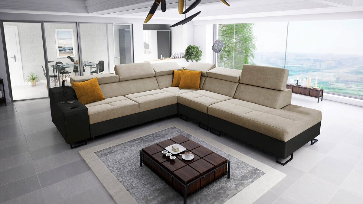 Avanti IX corner sofa bed and lamp – eco-leather, right-hand