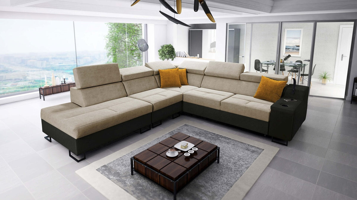 Avanti IX corner sofa bed and lamp – eco-leather, left-hand