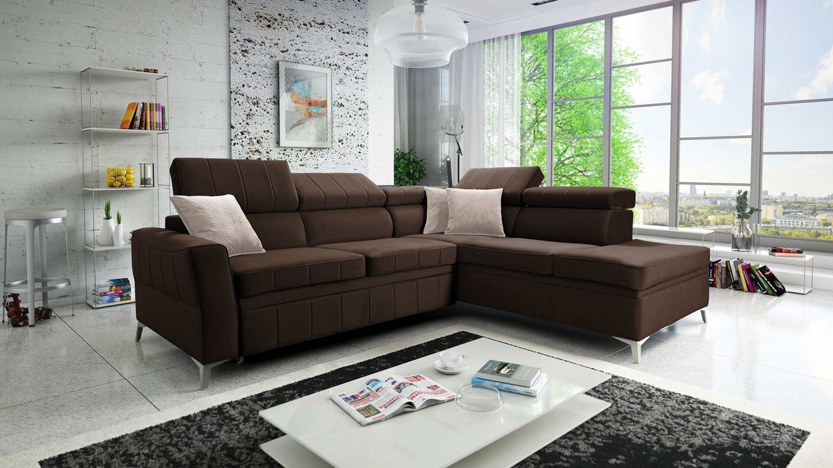 Modena III corner sofa bed and bedding storage – right-hand