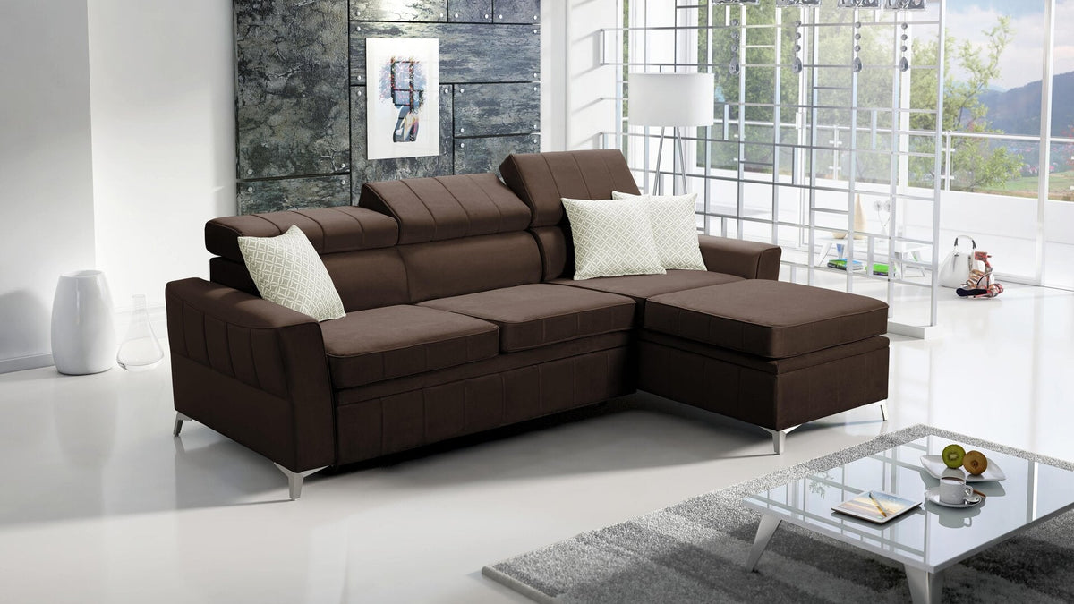 Modena I corner sofa bed and bedding storage – right-hand