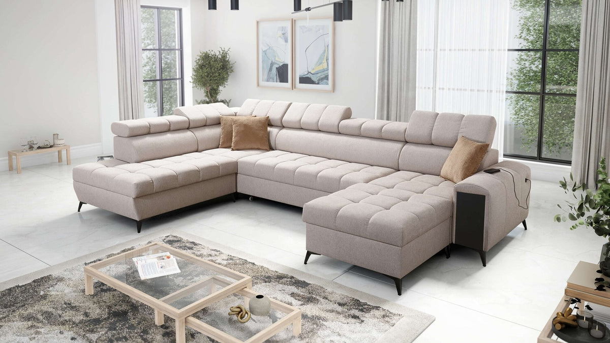 U-shaped Venna VI corner sofa bed, USB port – left-hand