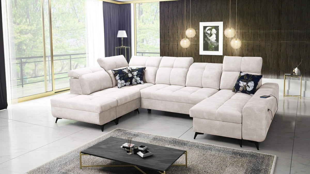 U-shaped Ascot VI corner sofa bed, USB port – right-hand
