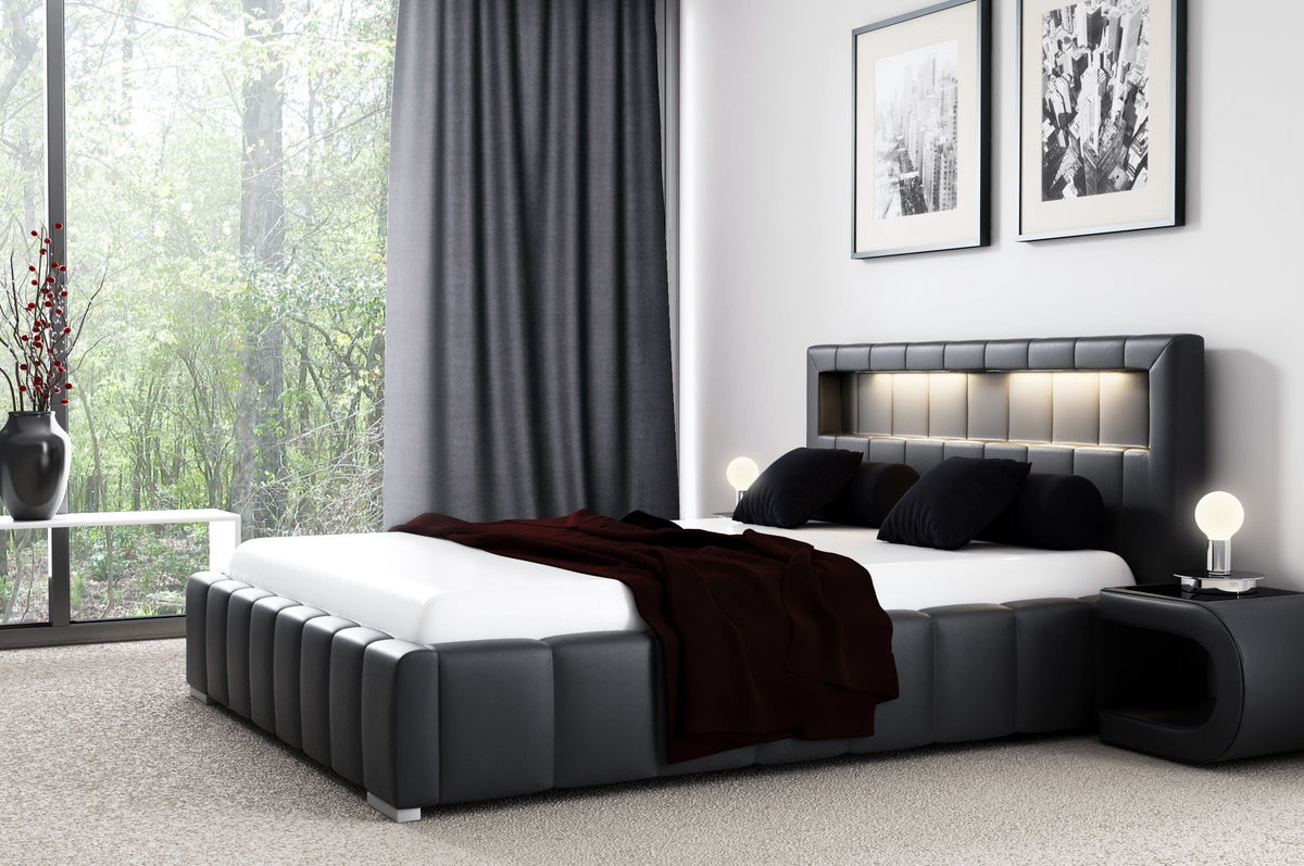 Erli upholstered bed with illuminated headboard and a bedding storage compartment – Madryt 9100 – front view – image 1