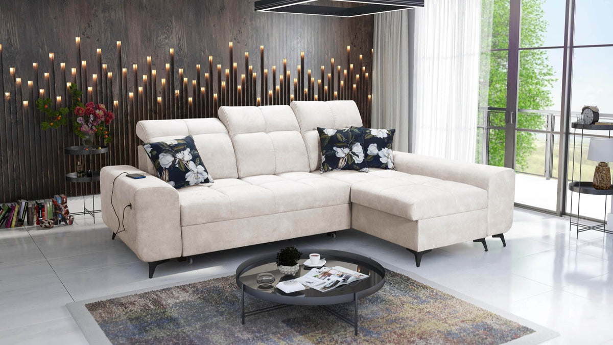 Ascot I corner sofa bed, USB port – right-hand
