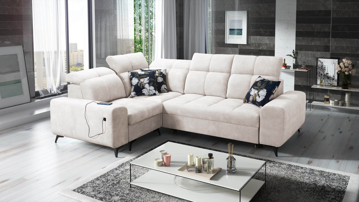 Ascot II corner sofa bed, USB port – left-hand