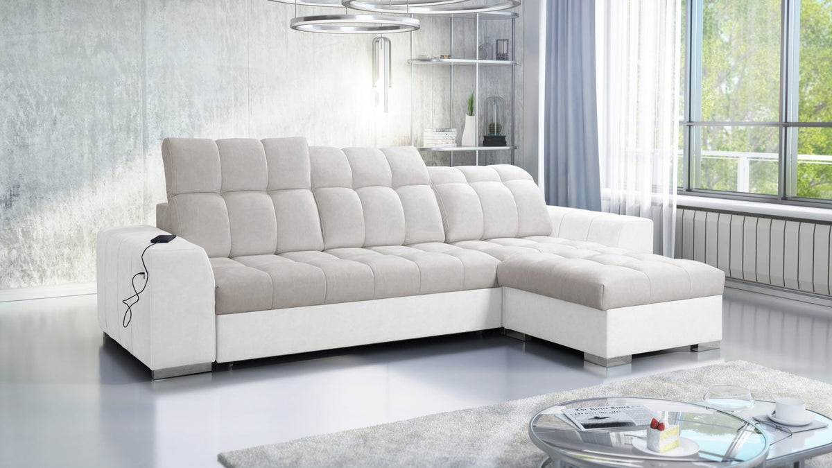 Prisma I corner sofa bed, USB port – eco-leather, right-hand