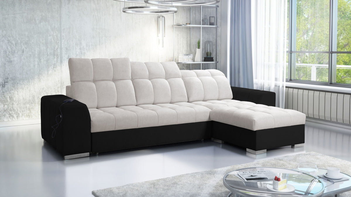 Prisma I corner sofa bed, USB port – eco-leather, right-hand