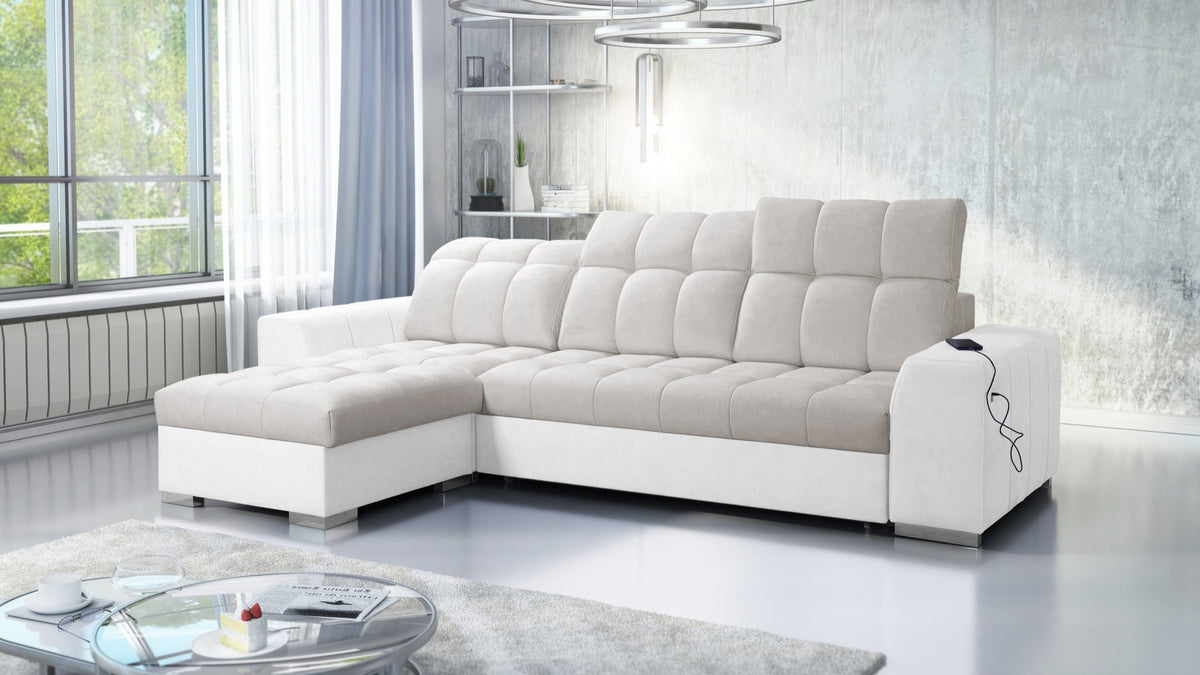 Prisma I corner sofa bed, USB port – eco-leather, left-hand
