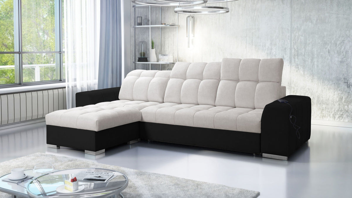 Prisma I corner sofa bed, USB port – eco-leather, left-hand