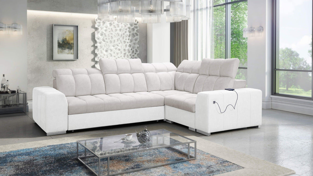 Prisma II corner sofa bed, USB – eco-leather, right-hand