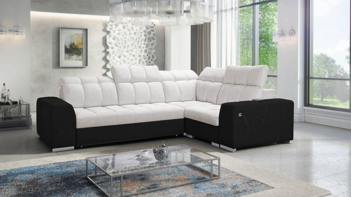 Prisma II corner sofa bed, USB – eco-leather, right-hand
