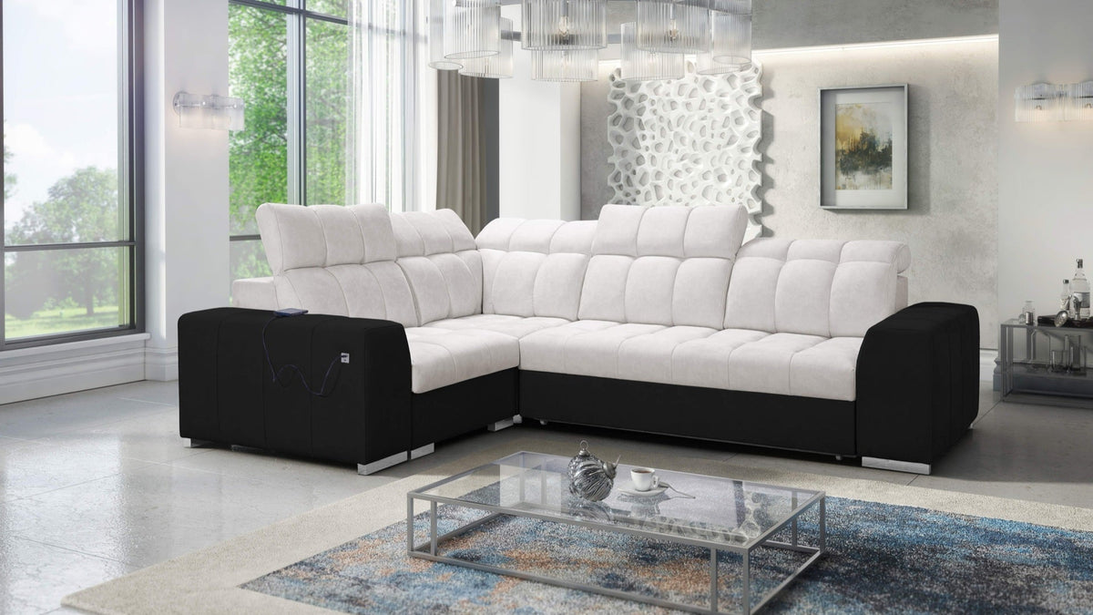 Prisma II corner sofa bed, USB port – eco-leather, left-hand
