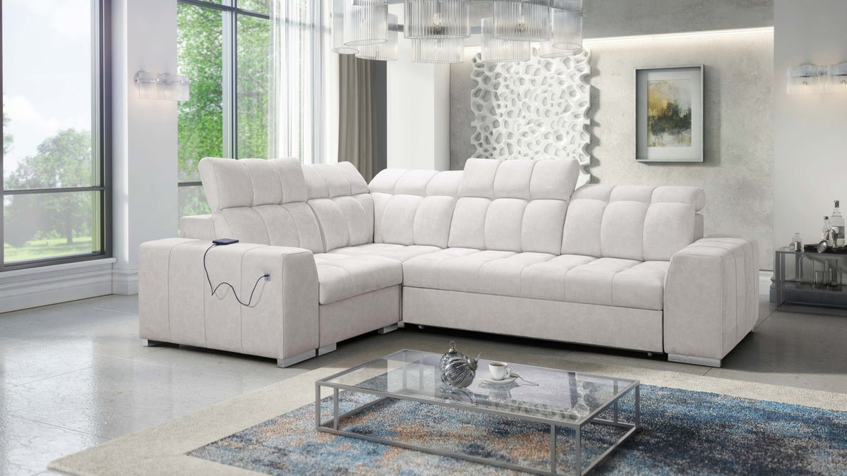 Prisma II corner sofa bed, USB port with storage – left-hand