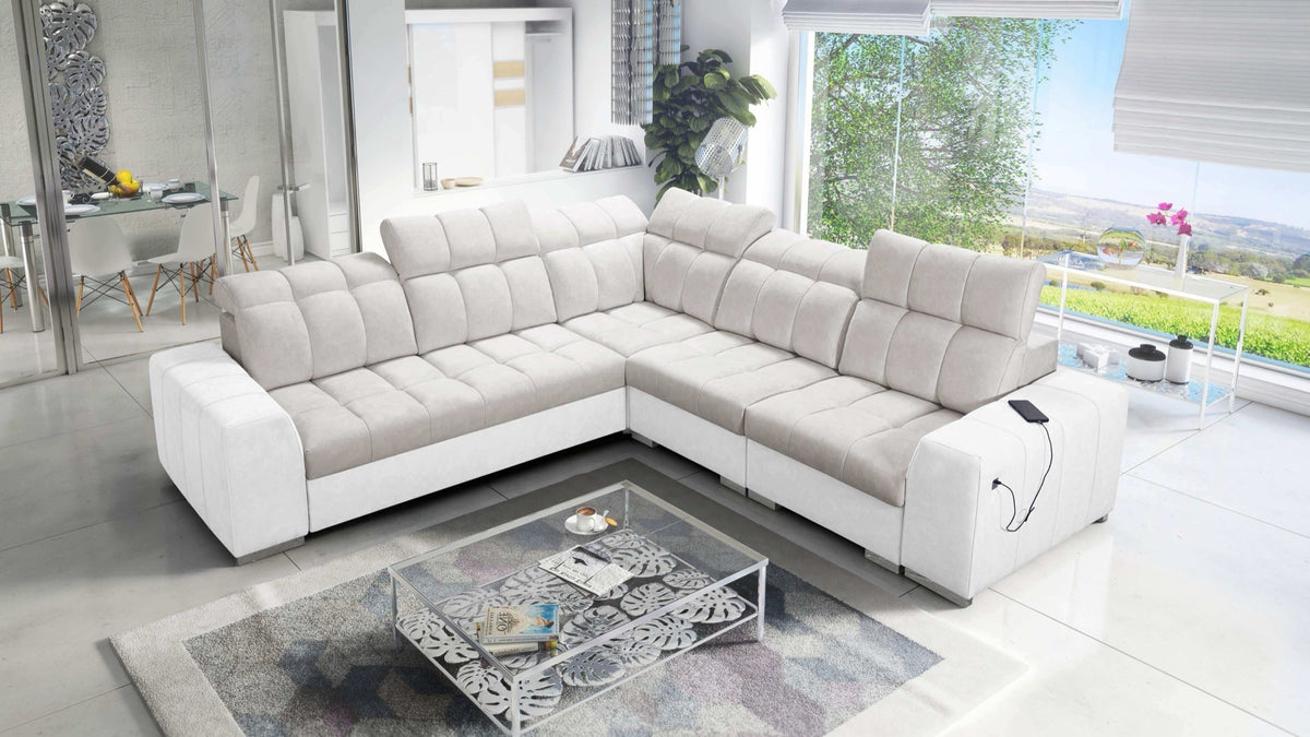 Prisma III corner sofa bed, USB – eco-leather, right-hand