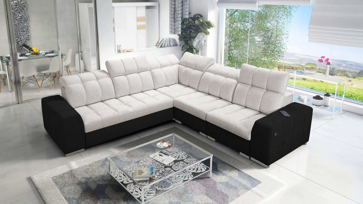 Prisma III corner sofa bed, USB – eco-leather, right-hand