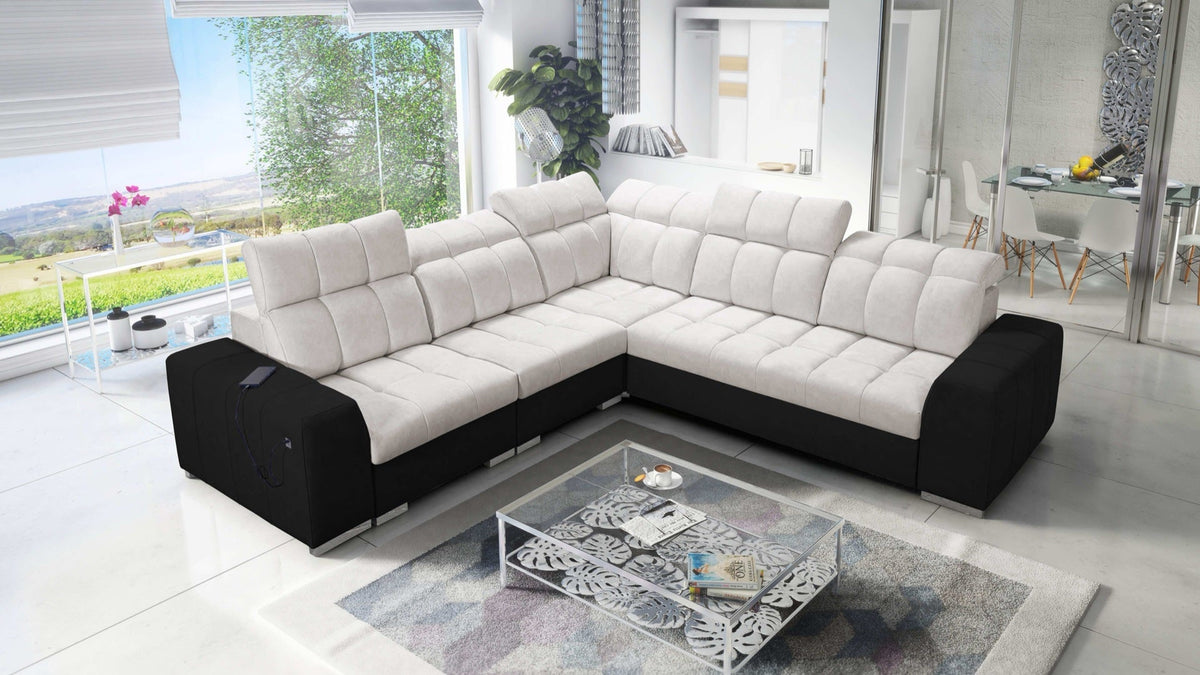 Prisma III corner sofa bed, USB – eco-leather, left-hand