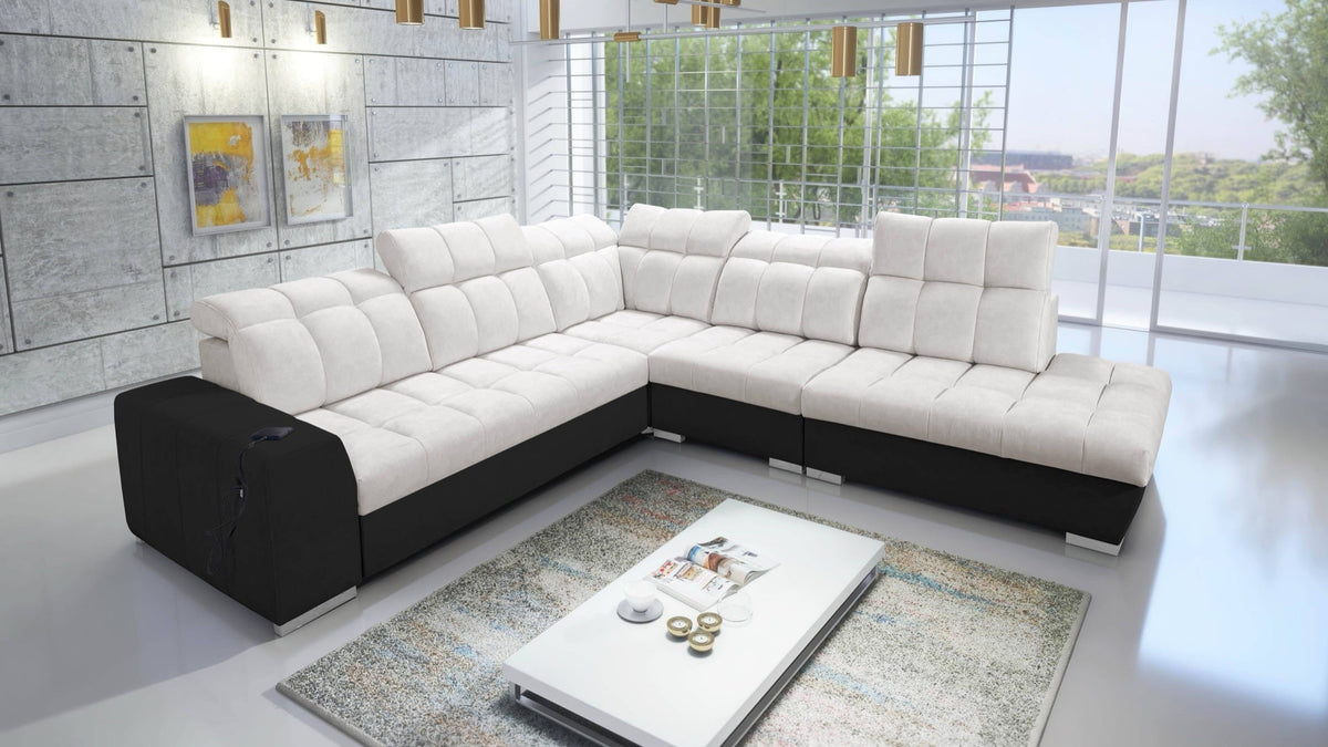 Prisma IX corner sofa bed, USB – eco-leather, right-hand