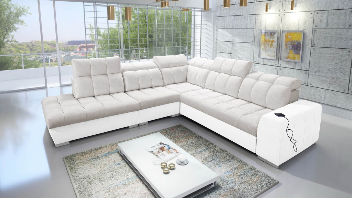 Prisma IX corner sofa bed, USB port – eco-leather, left-hand