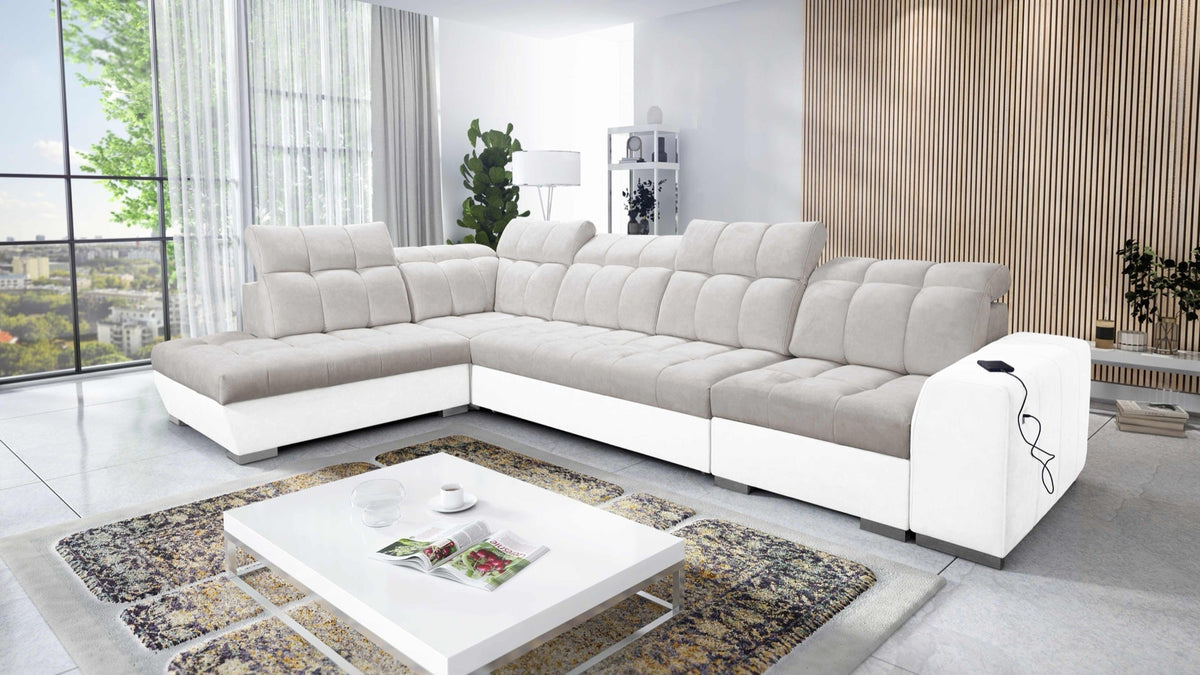 Prisma XI corner sofa bed, USB port – eco-leather, left-hand