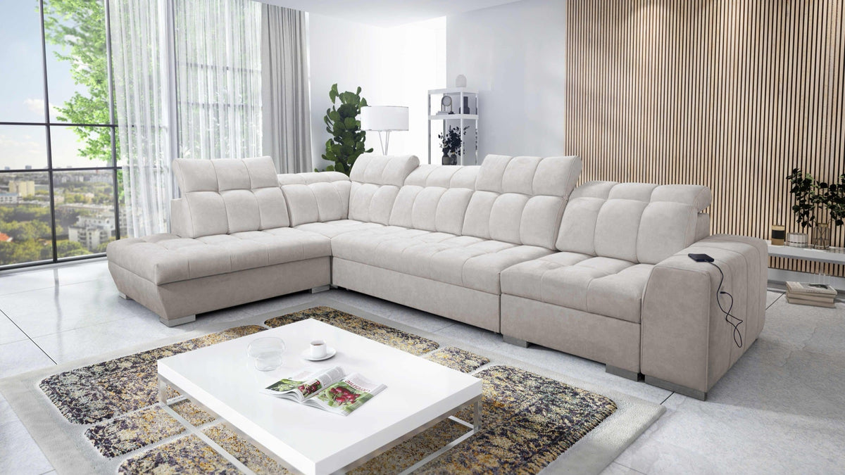 Prisma XI corner sofa bed, USB port with storage – left-hand