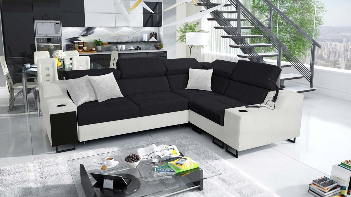Avanti II corner sofa bed and lamp – eco-leather, right-hand