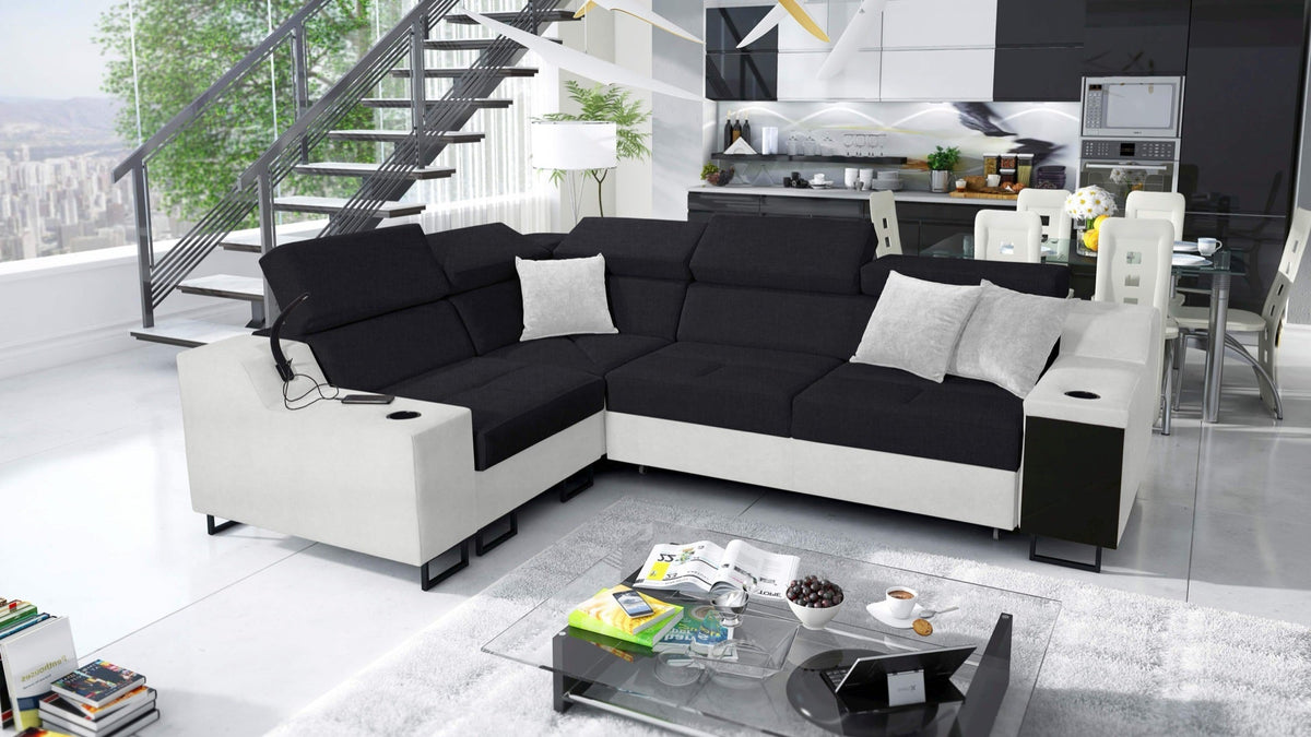 Avanti II corner sofa bed and lamp – eco-leather, left-hand