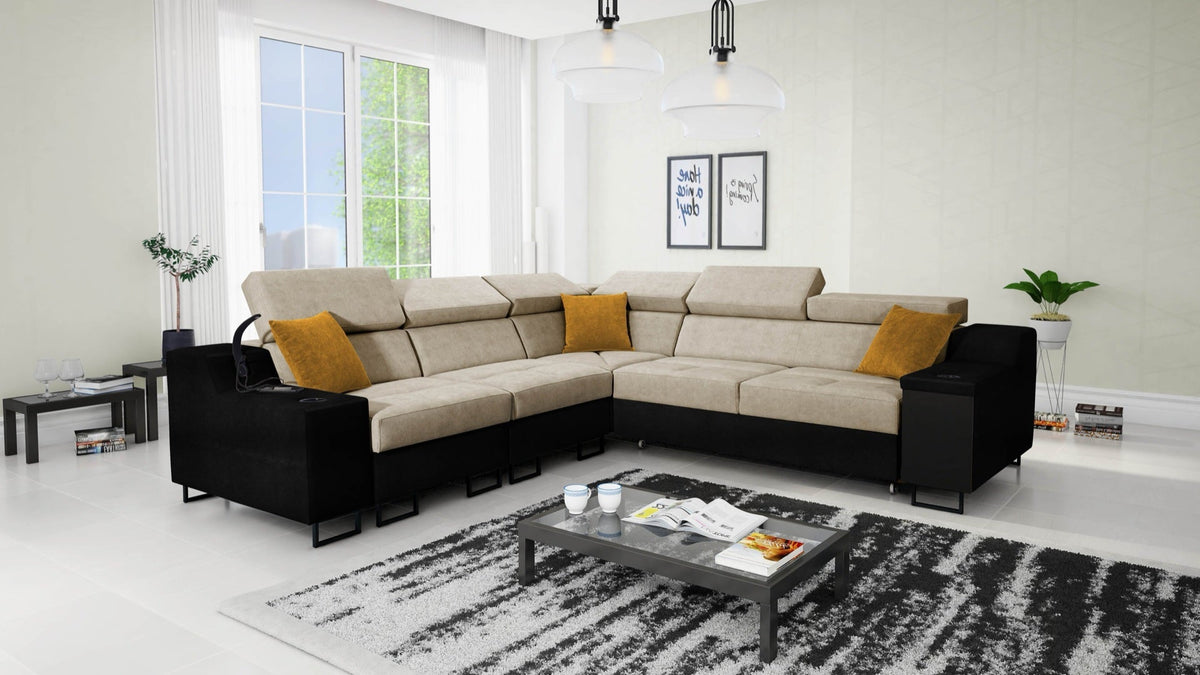 Avanti III corner sofa bed and lamp – eco-leather, left-hand