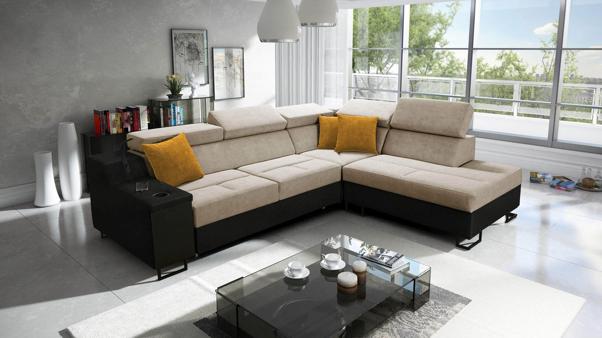 Avanti VII corner sofa bed and lamp – eco-leather, left-hand