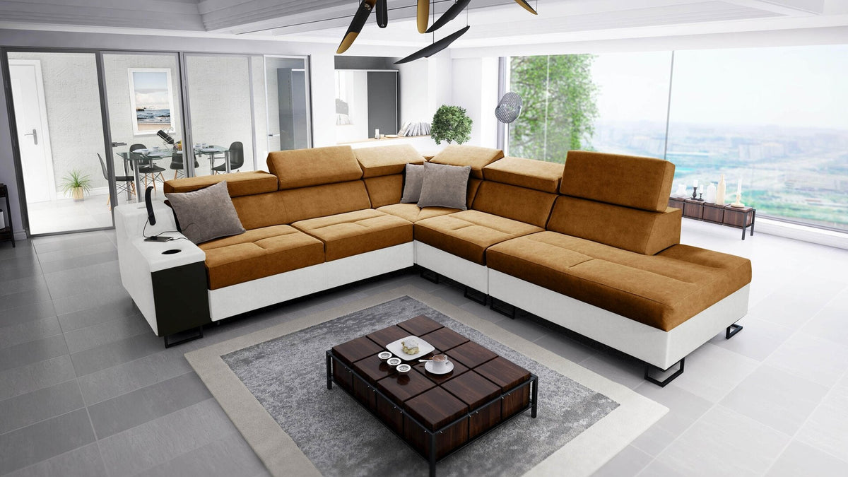 Avanti IX corner sofa bed and lamp – eco-leather, right-hand