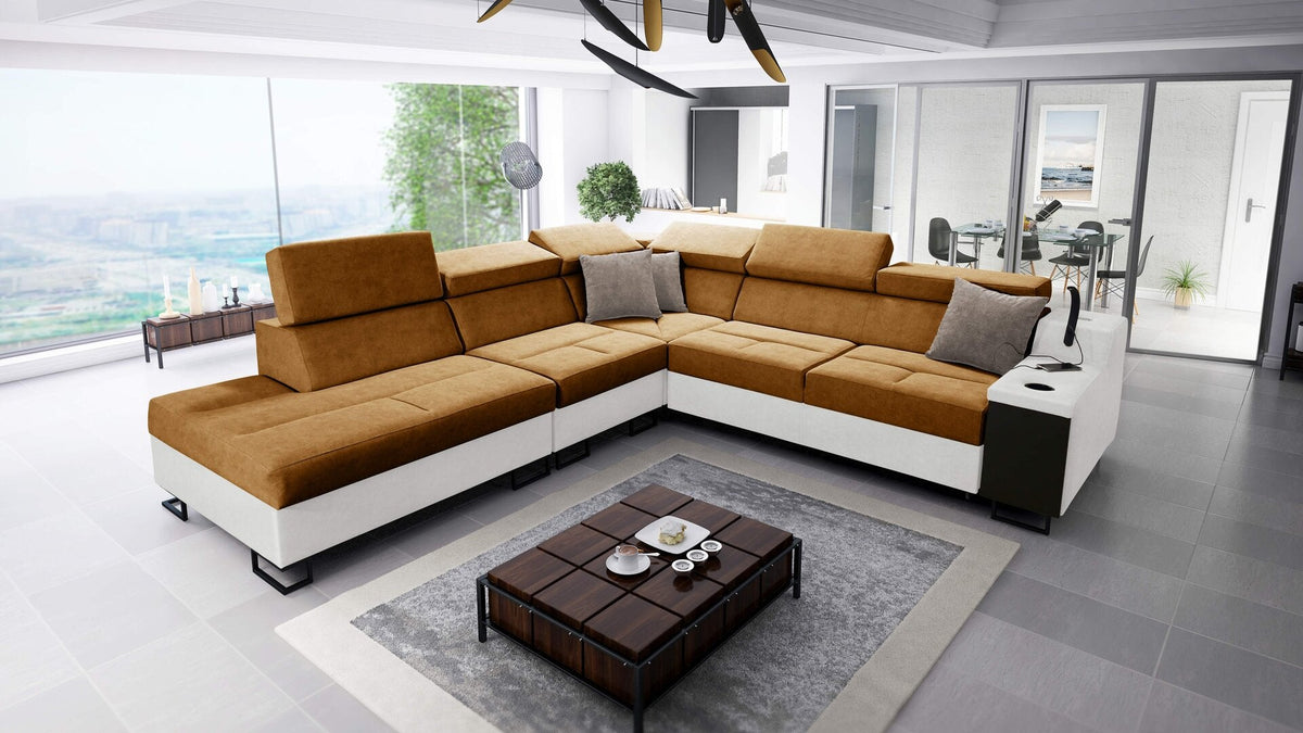 Avanti IX corner sofa bed and lamp – eco-leather, left-hand