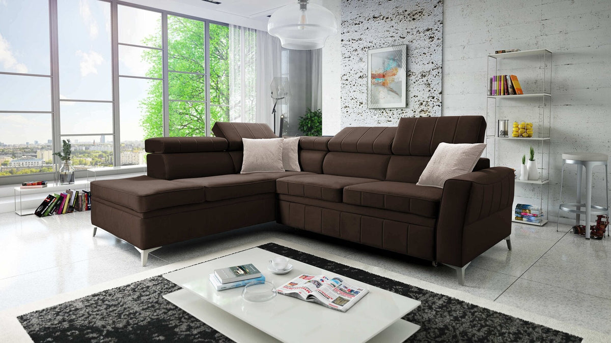Modena III corner sofa bed and bedding storage – left-hand