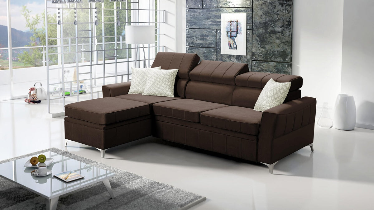 Modena I corner sofa bed and bedding storage – left-hand