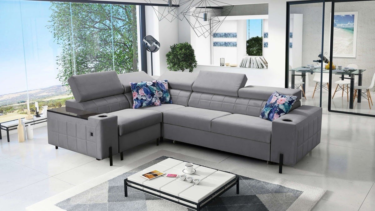 Zetta II corner sofa bed with opening bar – left-hand